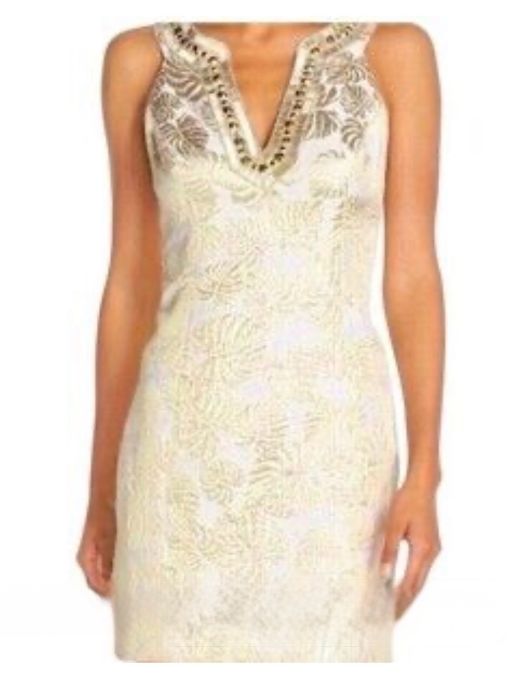 Lilly Pulitzer Ivory and Gold Leaf Embellished Mini Dress.